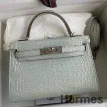 Ręcznie robiona torba Hermes Kelly Mini II Sellier z matowej skóry aligatora Gris Neve