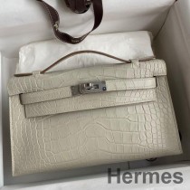 Ręcznie robiona torba Hermes Kelly Pochette z matowej skóry aligatora Beton