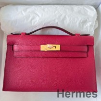Ręcznie robiona torba Hermes Kelly Pochette ze skóry cielęcej Epsom w kolorze różowego granatu