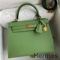 Hermes Kelly Sellier 25 Ręcznie robiona torba ze skóry cielęcej Vert Criquet Epsom
