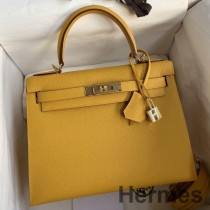 Hermes Kelly Sellier 28 Ręcznie robiona torba ze skóry cielęcej Epsom w kolorze Jaune Ambre
