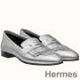 Mokasyny Hermes Royal ze srebrnej metalicznej skóry jagnięcej