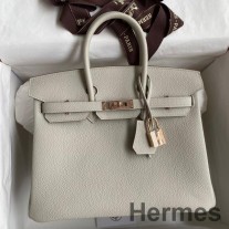 Bolso hecho a mano Hermes Birkin 25 Retourne en cuero Clemence gris perla
