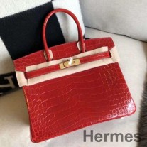 Bolso Hermes Birkin 30 hecho a mano en cocodrilo rojo Niloticus brillante