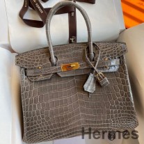 Bolso Hermes Birkin 30 hecho a mano en piel brillante de cocodrilo Niloticus color topo