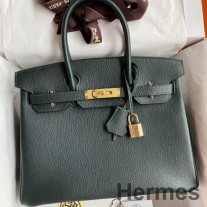 Bolso hecho a mano Hermes Birkin 30 Retourne en cuero Vert Cypres Chevre Mysore