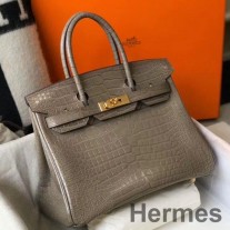 Bolso Hermes Birkin de 30 cm en piel de cocodrilo repujada color topo