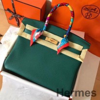 Bolso Hermes Birkin 35 hecho a mano en cuero Clemence de malaquita