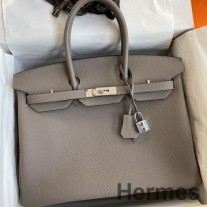Hermes Birkin 35 Retourne bolso hecho a mano en cuero gris asfalto Clemence