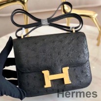 Bolso Hermes Constance 18 hecho a mano en piel de avestruz negra