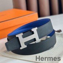 Cinturón reversible Hermes H Guillochee de 32 mm en piel de becerro Epsom negra y azul