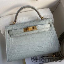 Bolso hecho a mano Hermes Kelly Mini II Sellier en piel de cocodrilo mate azul glaciar