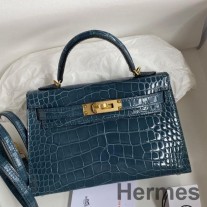 Bolso hecho a mano Hermes Kelly Mini II Sellier en piel de cocodrilo azul Jean brillante