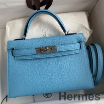 Bolso Hermes Kelly Mini II Sellier hecho a mano en piel de becerro Epsom Celeste