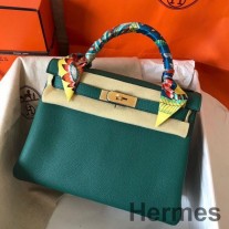 Bolso Hermes Kelly Retourne 28 hecho a mano en cuero Clemence de malaquita
