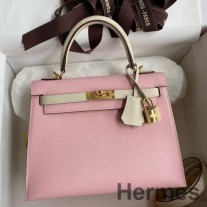 Bolso bicolor Hermes Kelly Sellier 25 en piel de becerro Rose Sakura y Craie Epsom