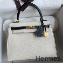 Bolso bicolor Hermes Kelly Sellier 25 en piel de cabra Mysore blanca y negra