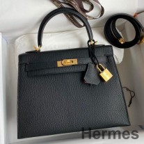 Bolso Hermes Kelly Sellier 25 hecho a mano en piel de cabra Mysore negra