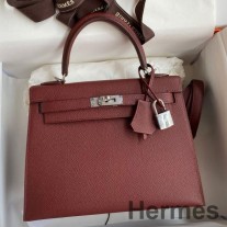 Bolso Hermes Kelly Sellier 25 hecho a mano en piel de becerro Epsom color burdeos