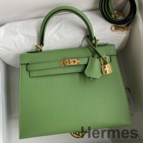 Bolso Hermes Kelly Sellier 25 hecho a mano en piel de becerro Epsom Vert Criquet