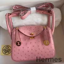 Bolso Hermes Mini Lindy hecho a mano en piel de avestruz rosa Sakura