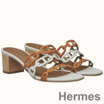 Sandalias Hermes Tandem en piel de cordero marrón/blanca