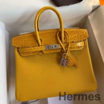 Bolso Hermes Touch Birkin 30 en Clemence amarillo y piel de cocodrilo del Niloticus brillante