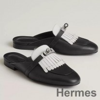 Hermes Mules Oz para mujer con flecos en cuero negro/blanco