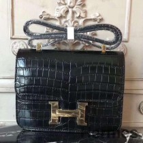 Hermes Bolso de cocodrilo negro Constance MM 24 cm