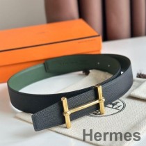 Cinturón reversible Hermes H d'Ancre de 32 mm en piel de becerro Epsom negra y verde