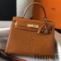 Bolso Hermes Kelly de 25 cm hecho a mano en piel de cocodrilo repujada marrón
