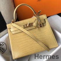 Bolso Hermes Kelly de 25 cm hecho a mano en piel de cocodrilo repujada Jaune Poussin
