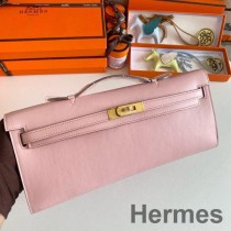 Bolso hecho a mano con corte Hermes Kelly en cuero Swift rosa Sakura