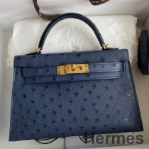 Bolso Hermes Kelly Mini II Sellier hecho a mano en cuero de avestruz azul Iris