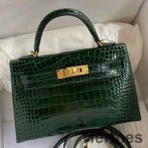 Bolso Hermes Kelly Mini II Sellier hecho a mano en piel de cocodrilo brillante de malaquita