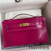 Bolso Hermes Kelly Pochette hecho a mano en piel de cocodrilo brillante Rose Scheherazade