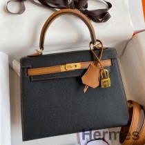 Bolso bicolor Hermes Kelly Sellier 25 en piel de becerro Epsom negra y dorada