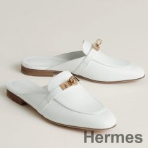 Mules Hermes Oz para mujer en piel de becerro blanca