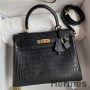 Bolso Hermes Kelly Sellier 25 hecho a mano en piel mate de cocodrilo negro Niloticus