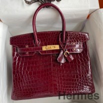 Sac Hermes Birkin 30 Fait Main En Peau Brillante De Crocodile Niloticus Bordeaux