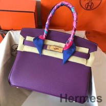 Sac Hermes Birkin 30 Fait Main En Cuir Clémence Ultraviolet
