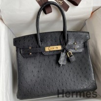 Hermes Birkin 30 Retourne Sac Fait Main En Cuir D'autruche Noir
