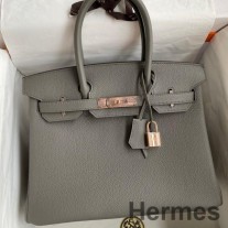 Hermes Birkin 30 Retourne Sac Fait Main En Cuir Gris Meyer Clémence