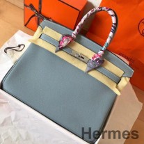 Sac Hermes Birkin 35 Fait Main En Cuir Bleu Lin Clémence