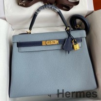 Sac Hermes HSS Kelly 32 Bicolore en Lin Bleu et Cuir Bleu Clémence