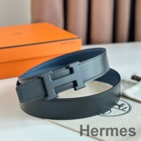 Ceinture Hermes H Réversible 32 MM avec Boucle Mat en Cuir Bleu Clémence