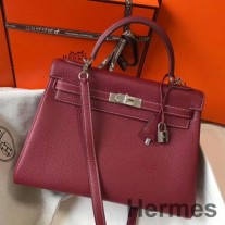 Sac Hermes Kelly 32cm En Cuir Bordeaux Clémence PHW
