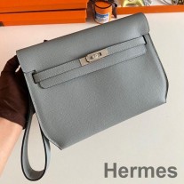 Pochette Hermes Kelly Depeches 25 en cuir de veau Epsom Blue Lin