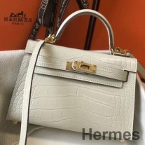 Sac Hermes Kelly Mini II Fait Main En Cuir Embossé Crocodile Beton