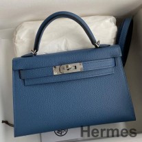 Hermes Kelly Mini II Sellier Sac Fait Main En Cuir De Veau Epsom Bleu Agate